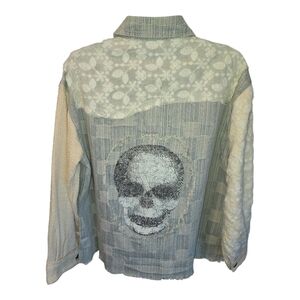 POL Patchwork Button-Down Shirt in Cream and Light Blue
